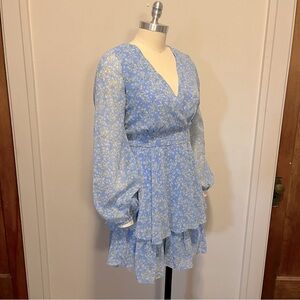 NWOT Japna Blue Floral Ruffled long sleeve Dress with shirred back